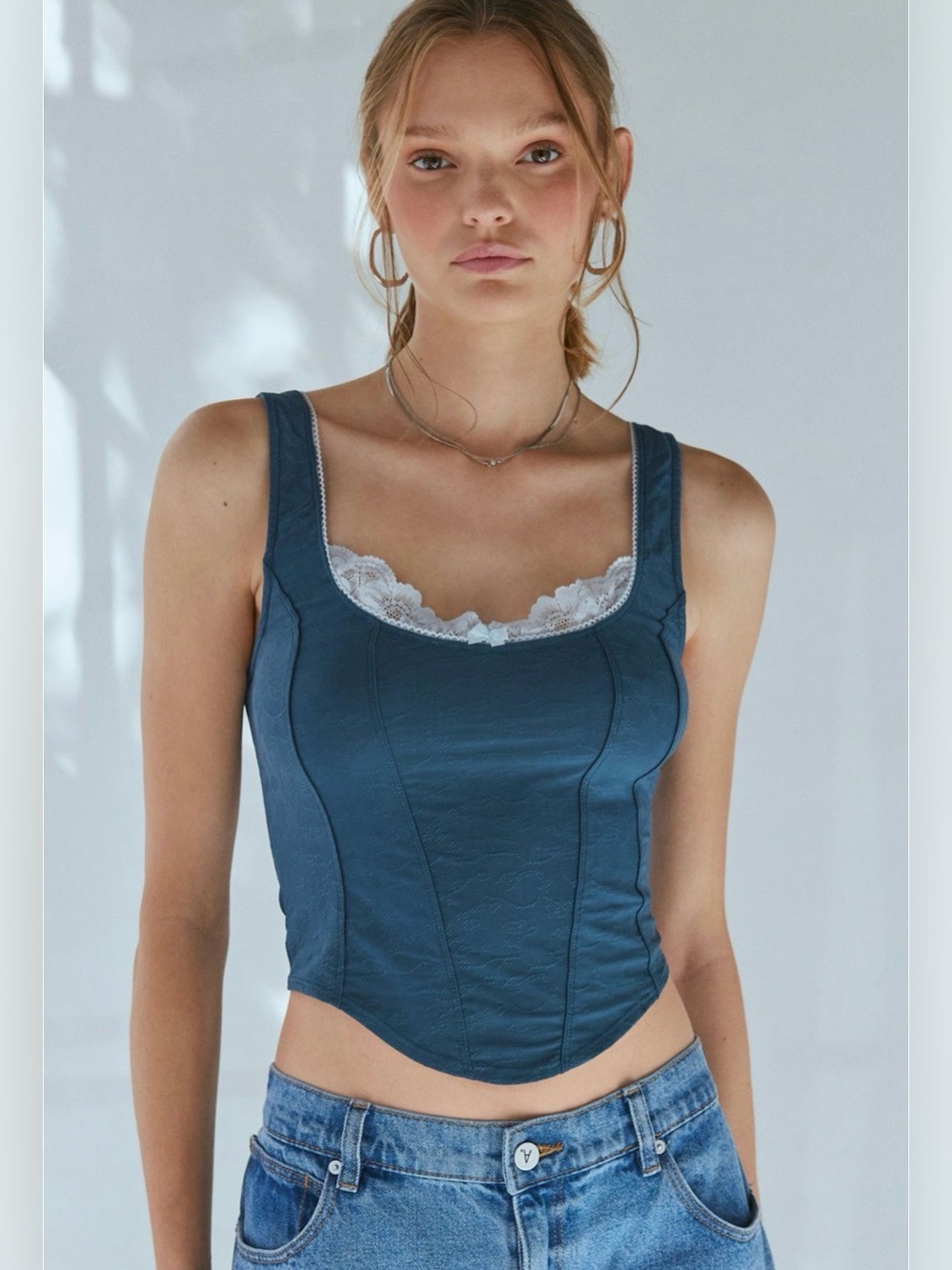URBAN OUTFITTERS ECOTE NORA JACQUARD WESTERN CORSET TOP, BLUE, XL